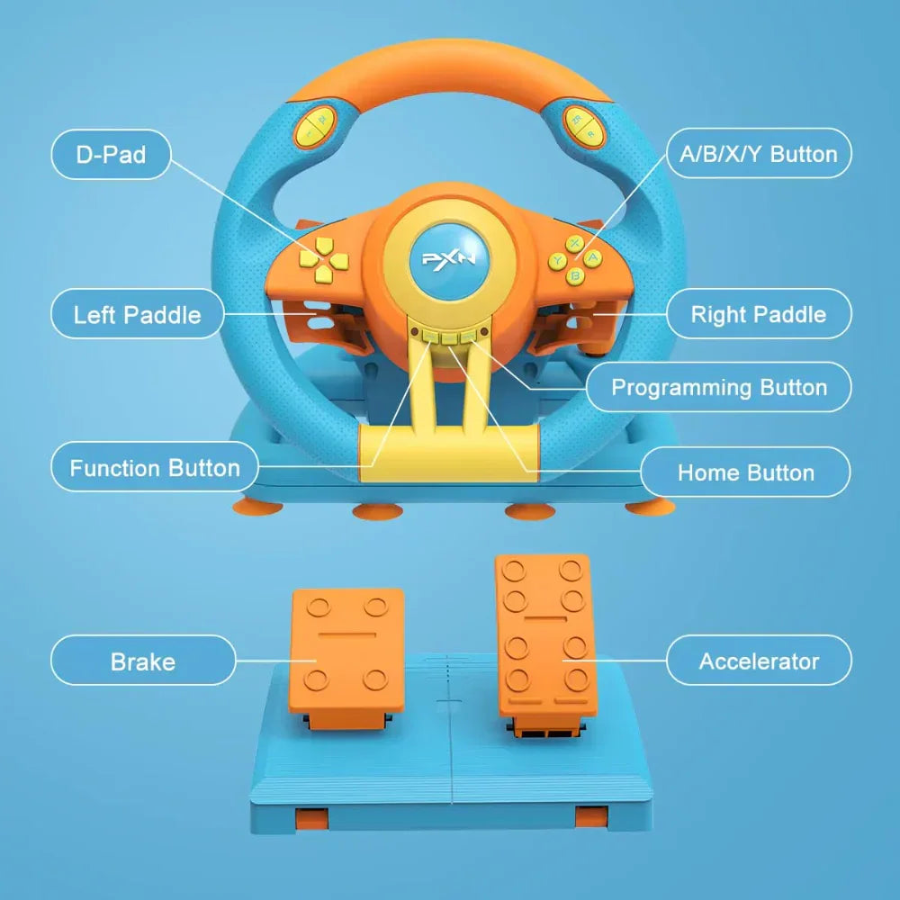 Pxn v3 180° gaming steering wheel - blue & orange - racing gear