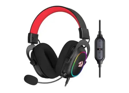 Red and black gaming headset with rgb lighting on the earcups, featuring a detachable microphone and an inline control module.