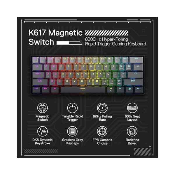 Redragon Fizz K617ggb Magnetic Switch Rapid Trigger Gaming Keyboard, 60% Wired