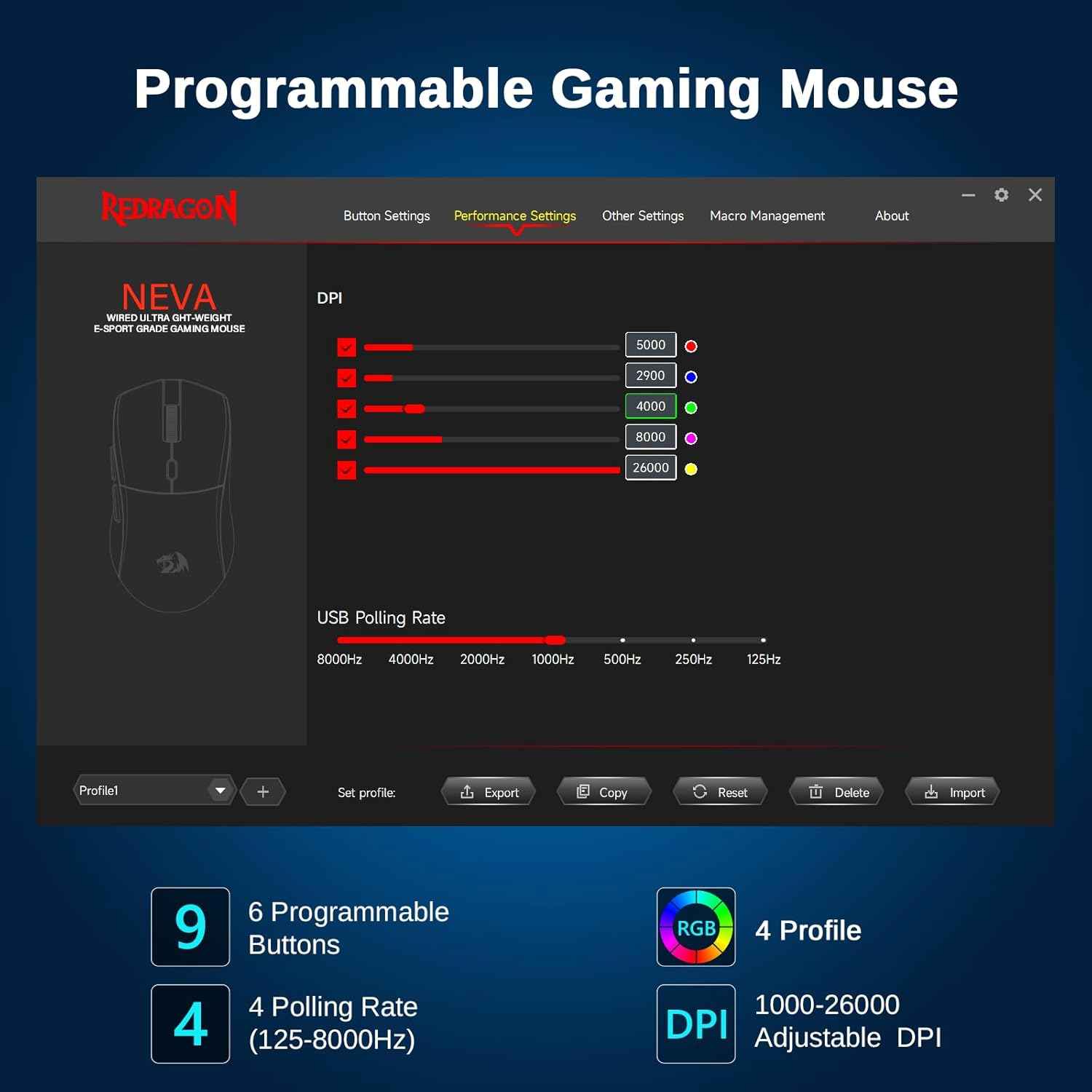 Redragon Gaming Mouse, 44g Ultra-light 8k Polling Rate 26000 Dpi Mouse, Full