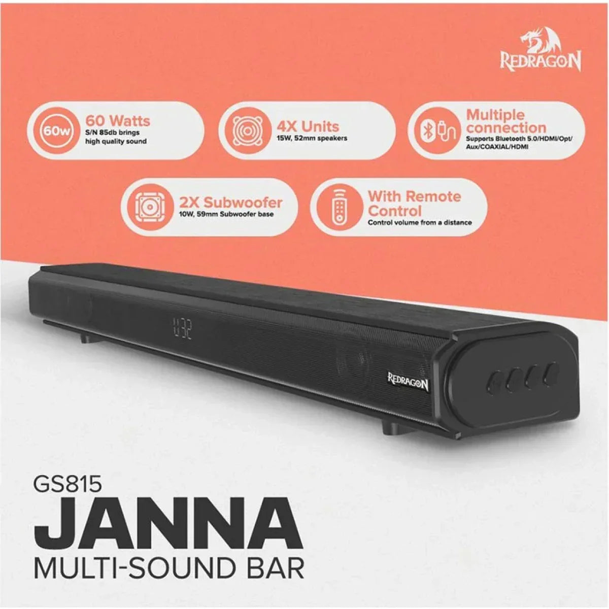 Redragon gs 815 janna multi soundbar for gaming / tv bt 5.0 / hdm / opt / aux / coaxial / hdmi connectivity home