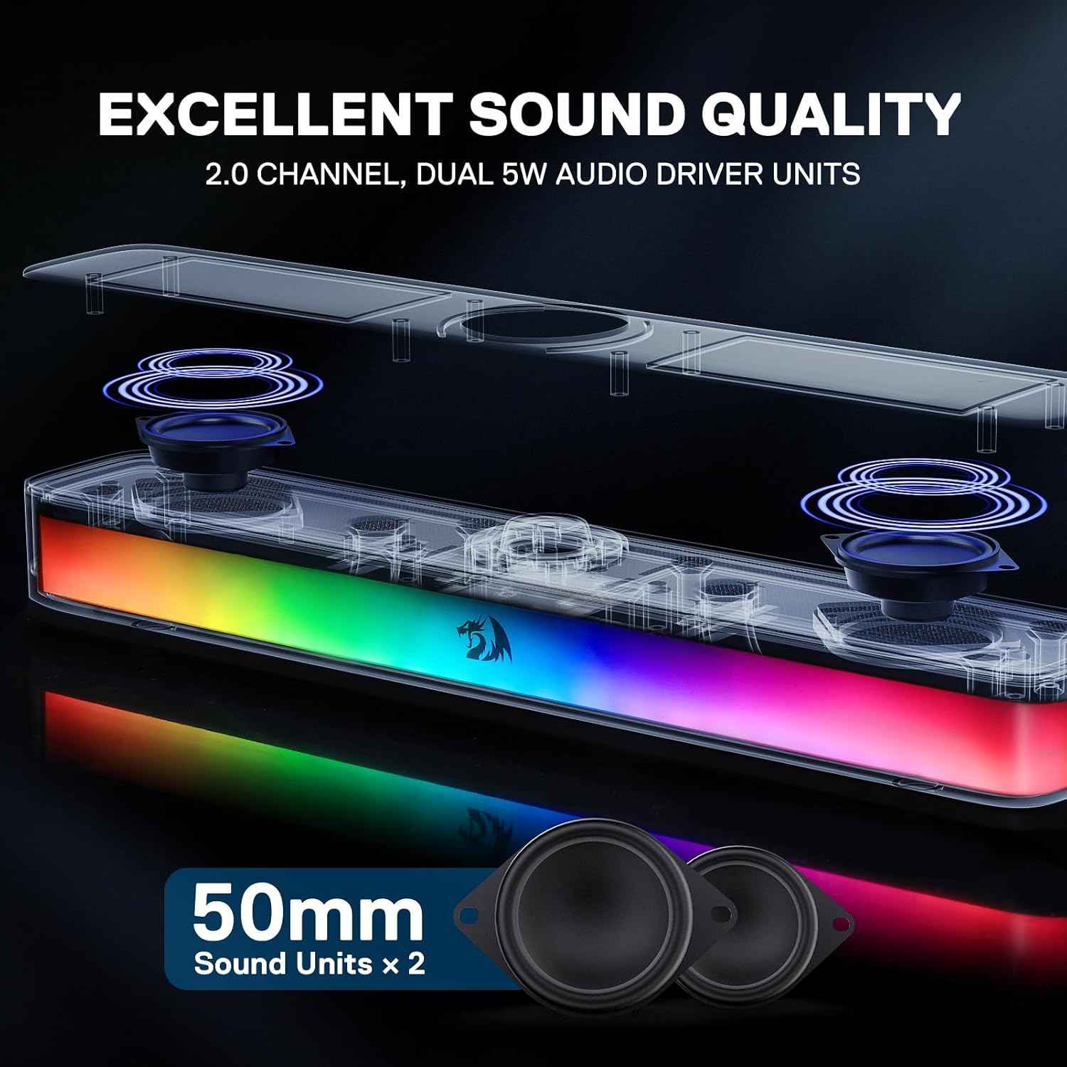 Redragon Gs515 Rgb Desktop Soundbar, 2.0 Channel Stereo Computer Speakers