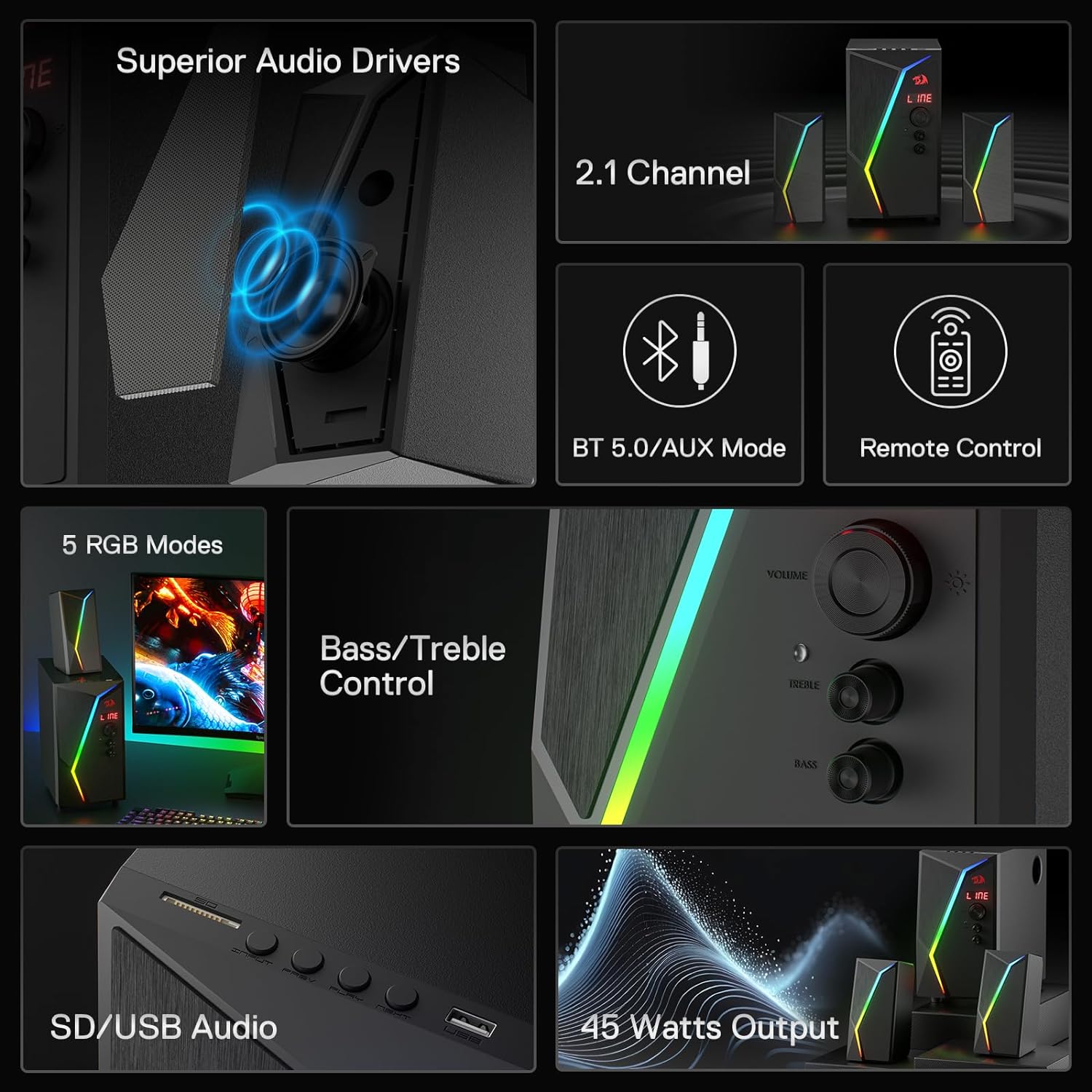 Redragon Gs520 Pro Computer Gaming Speakers with Subwoofer, 2.1 Channel Rgb - Gameonjo