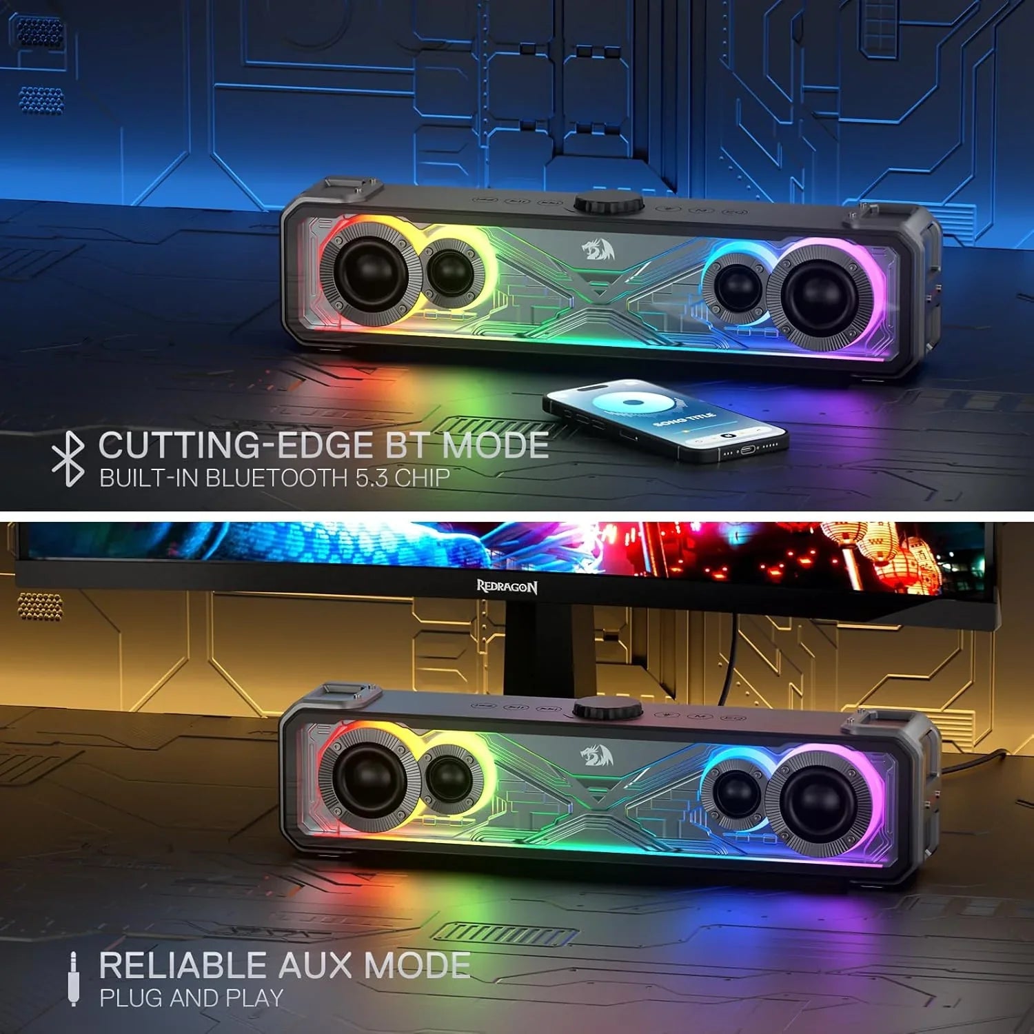 Redragon Gs817 Rgb Desktop Soundbar, 2.0 Channel Stereo Speakers for Desktop W/massive 30w Max Power, Touch-control, Bluetooth 5.3 & 3.5mm Aux Inputs, Black