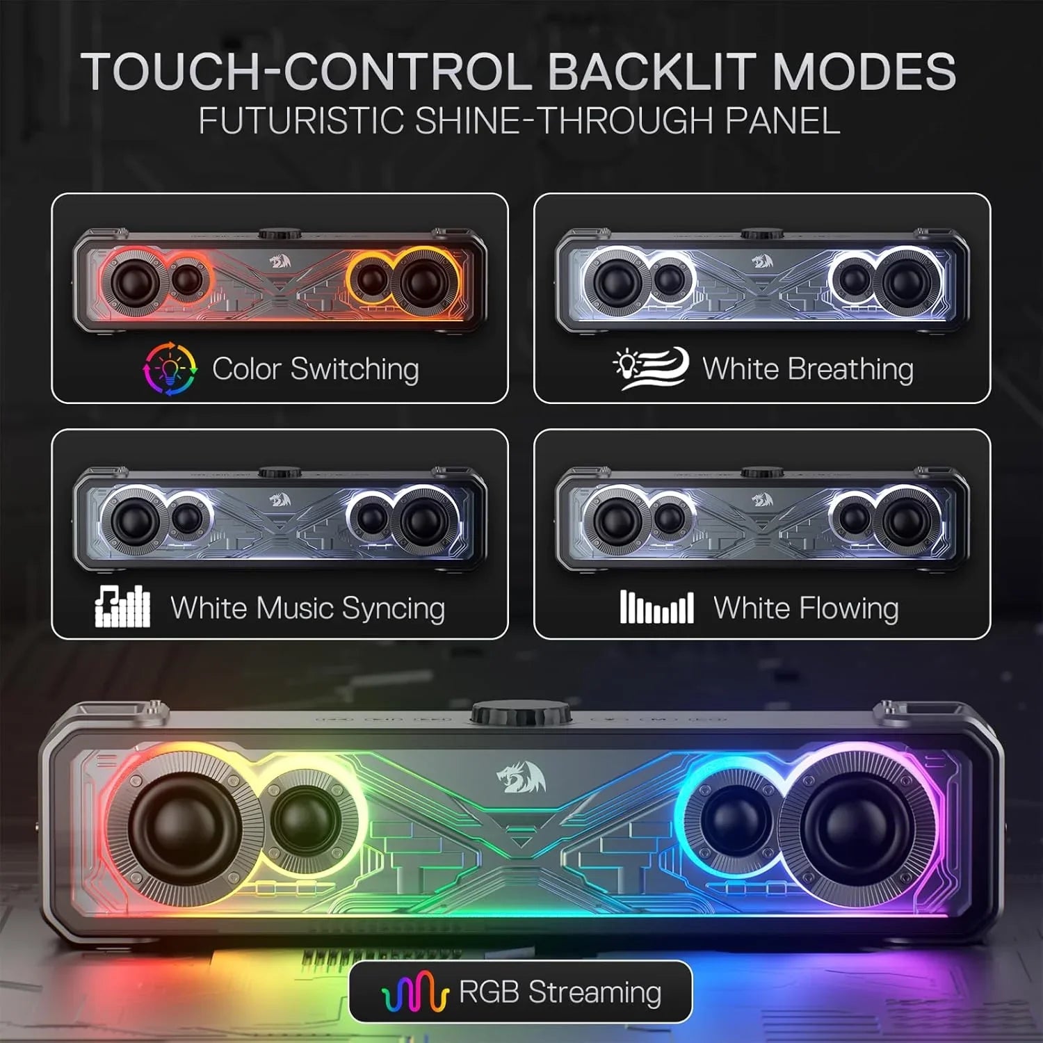 Redragon Gs817 Rgb Desktop Soundbar, 2.0 Channel Stereo Speakers for Desktop W/massive 30w Max Power, Touch-control, Bluetooth 5.3 & 3.5mm Aux Inputs, Black