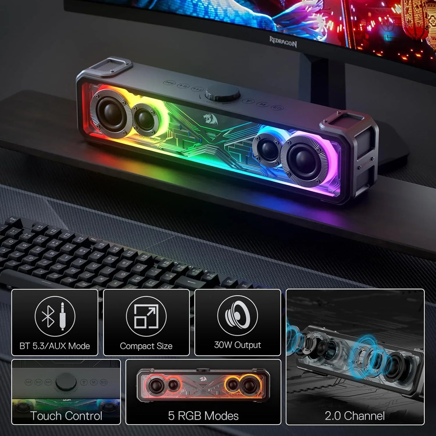 Redragon Gs817 Rgb Desktop Soundbar, 2.0 Channel Stereo Speakers for Desktop W/massive 30w Max Power, Touch-control, Bluetooth 5.3 & 3.5mm Aux Inputs, Black