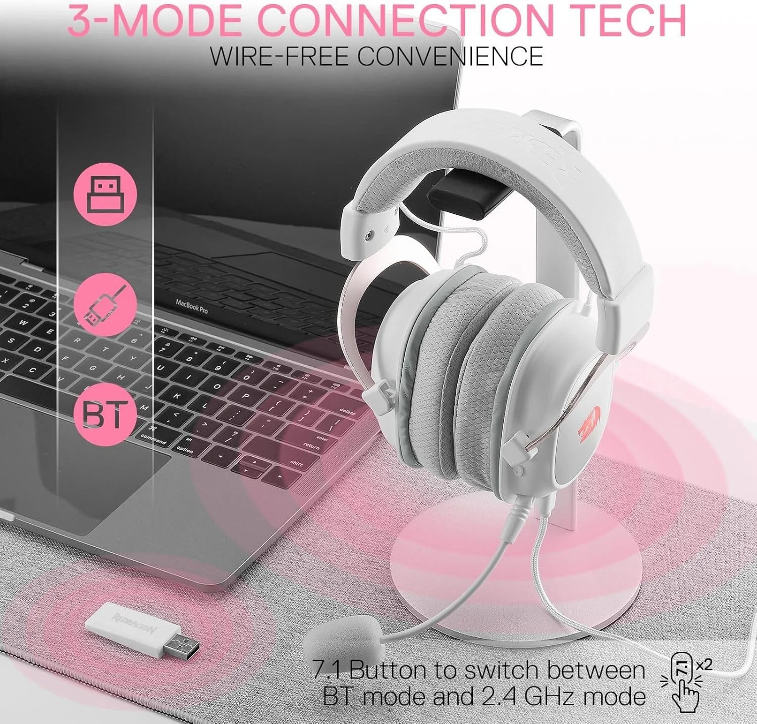 Redragon h510 pro 3-mode rgb gaming headset - 7.1 surround sound - audio | wireless headset