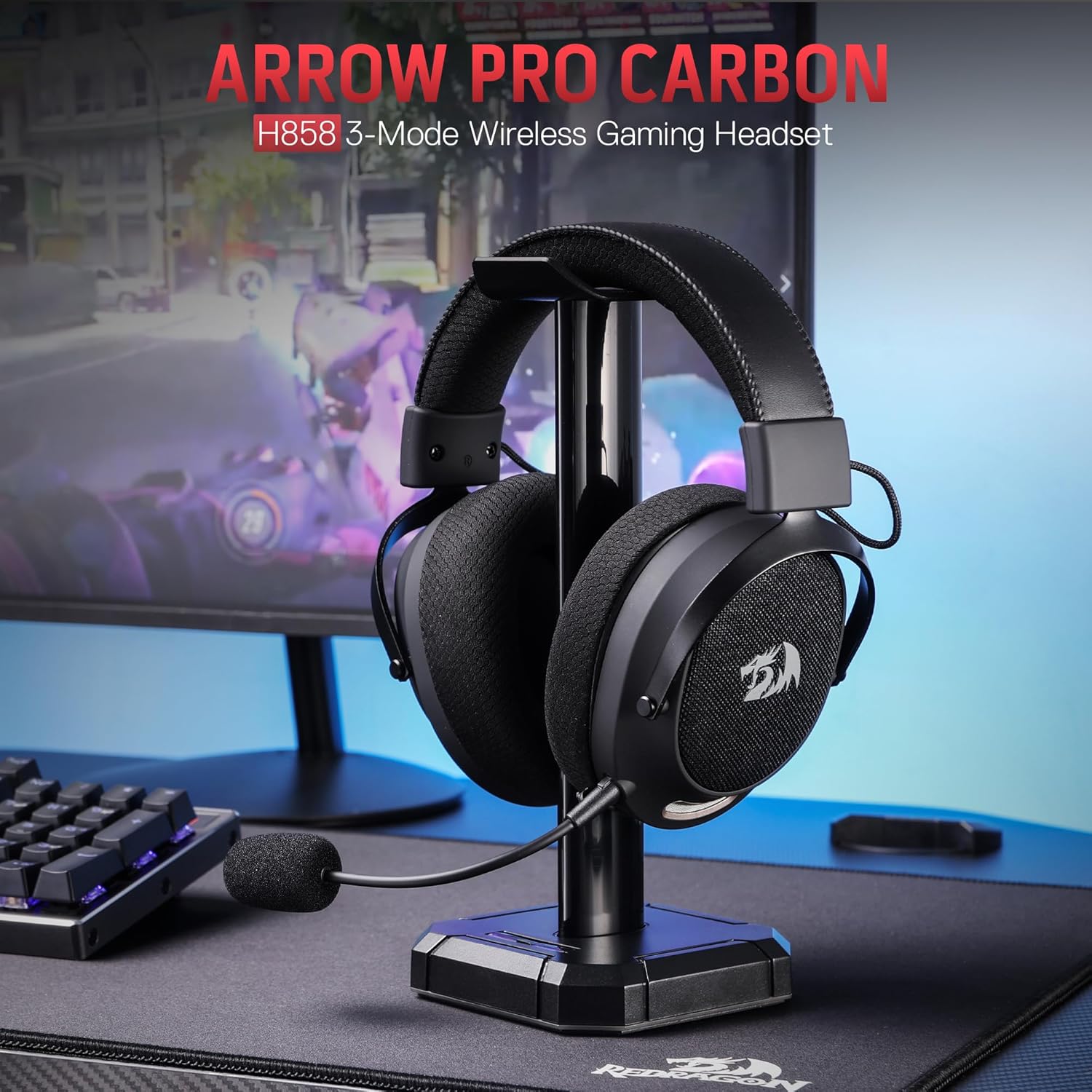Redragon H858 3-mode Wireless Gaming Headset, 7.1 Surround Sound & Headset Stand