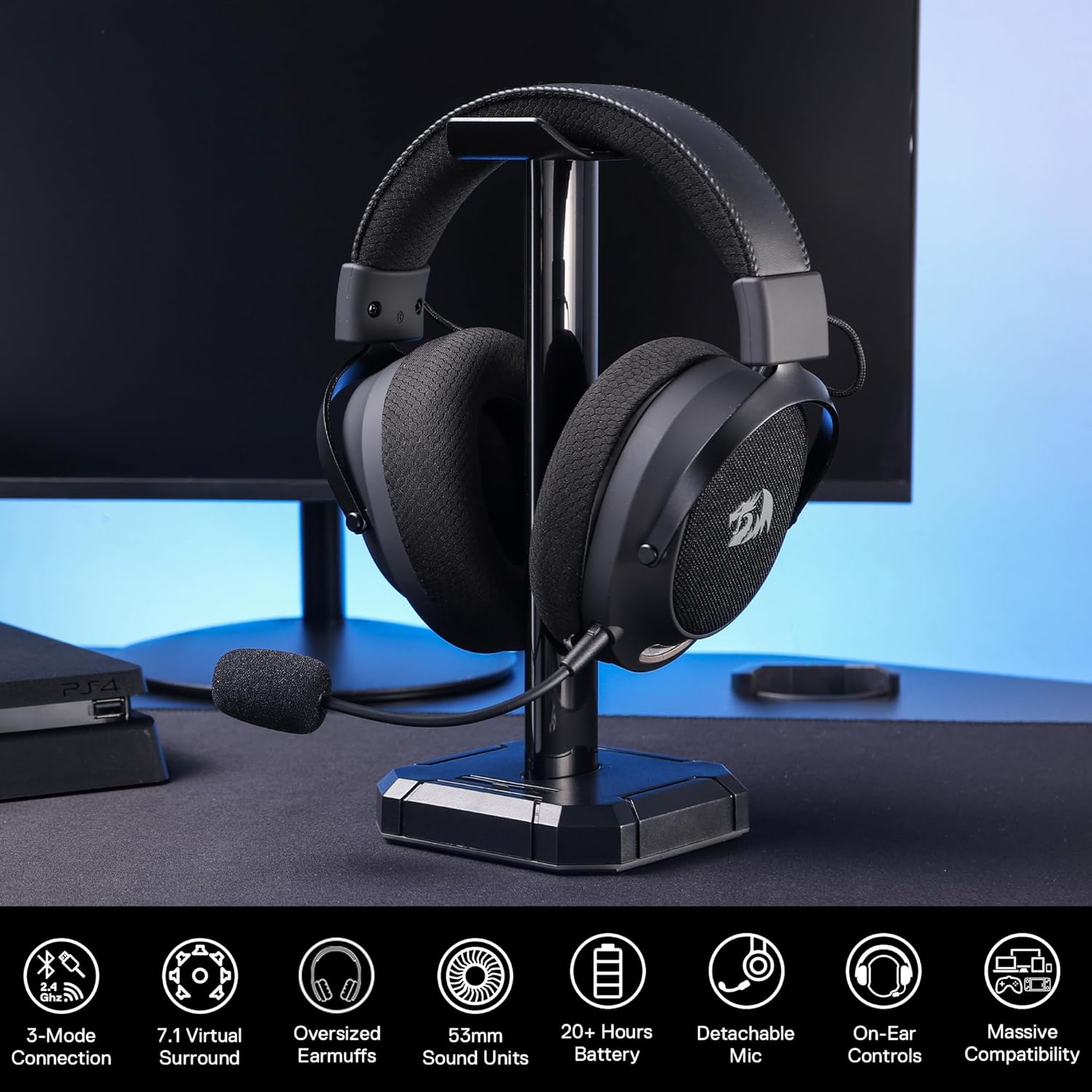 Redragon H858 3-mode Wireless Gaming Headset, 7.1 Surround Sound & Headset Stand