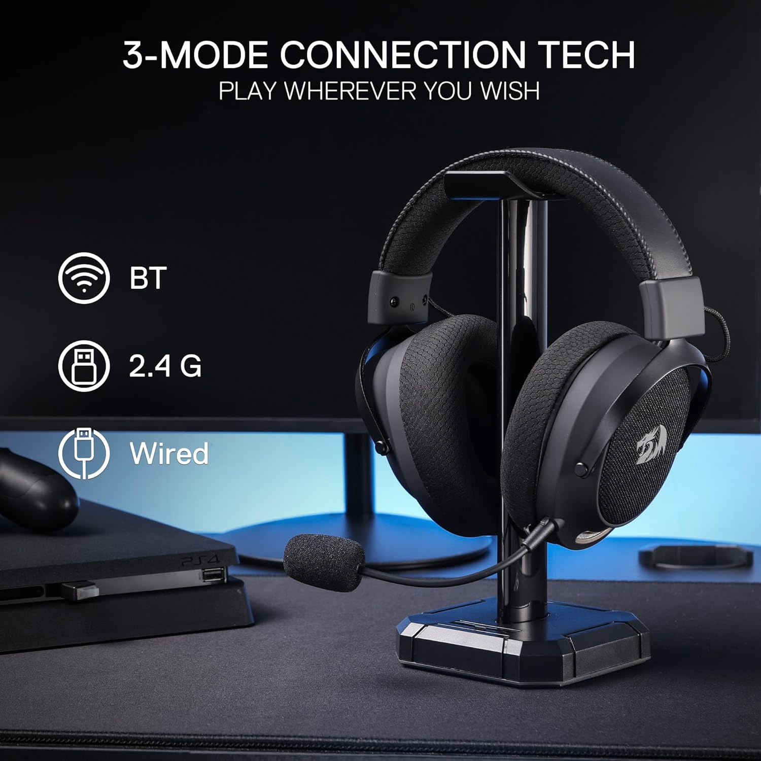 Redragon H858 3-mode Wireless Gaming Headset, 7.1 Surround Sound & Headset Stand
