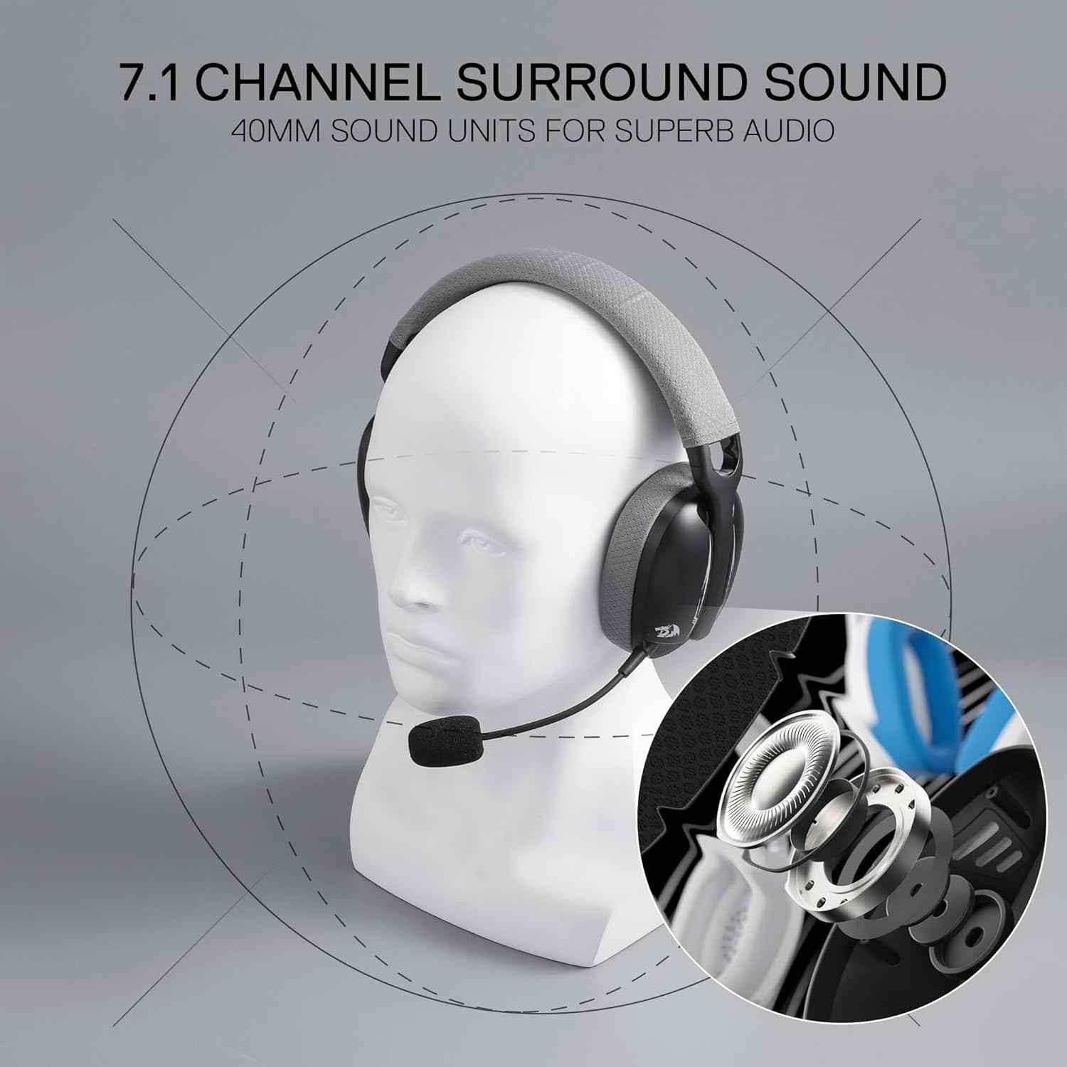 Redragon h878 gaming headset - lightweight wireless 3-mode with blue lighting & 7.1 surround sound - audio | wireless