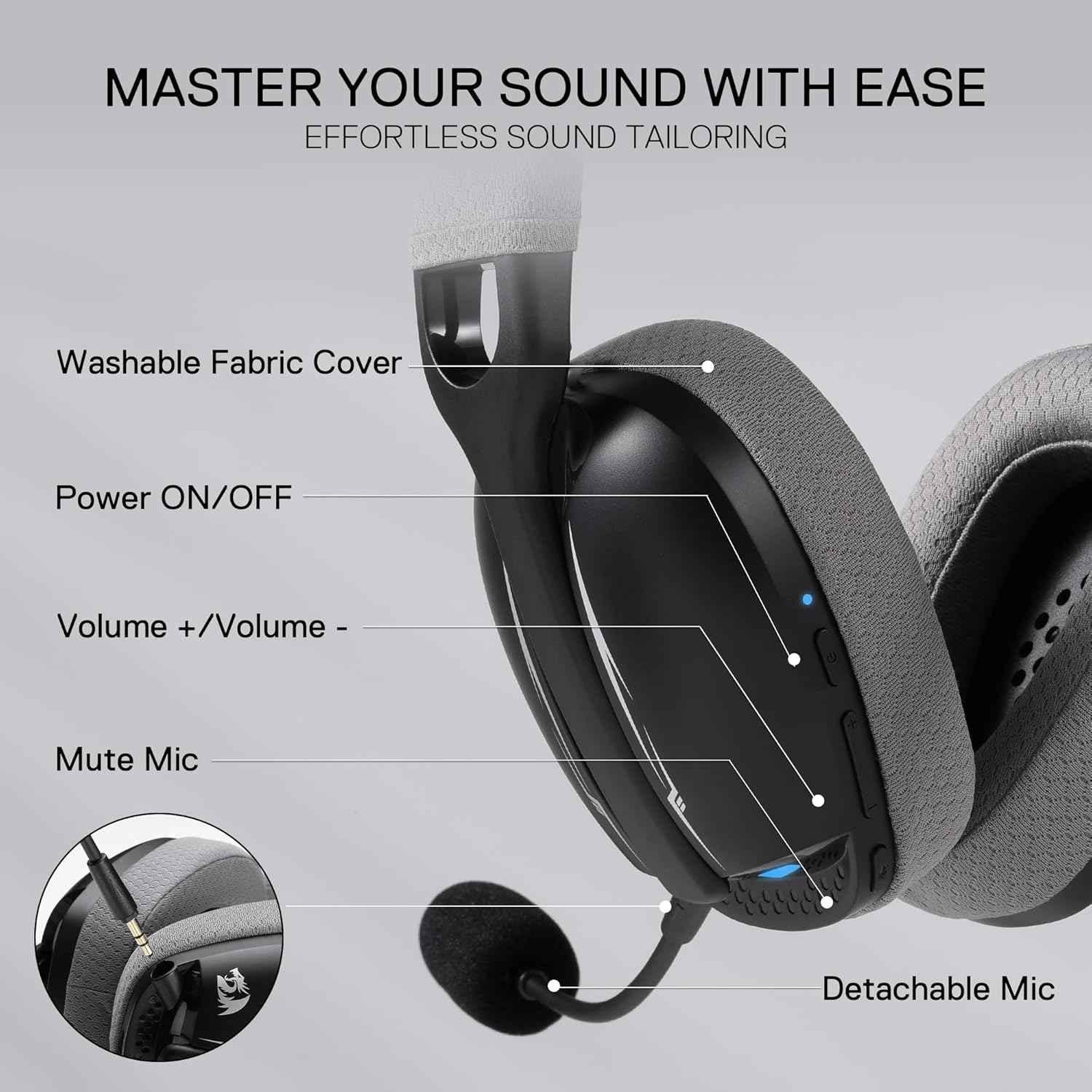 Redragon h878 gaming headset - lightweight wireless 3-mode with blue lighting & 7.1 surround sound - audio | wireless