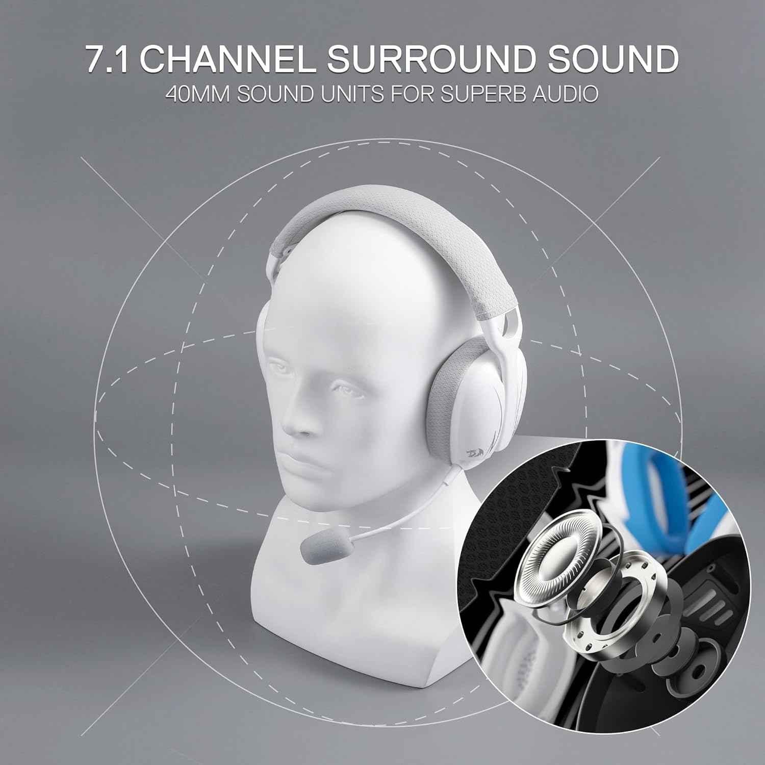 Redragon h878 wireless gaming headset - lightweight 3-mode design with blue lighting and 7.1 surround sound - audio