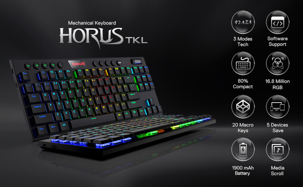 Redragon K621 Horus Tkl Rgb Mechanical Wire & Bluetooth & Wireless Red Switch - Black