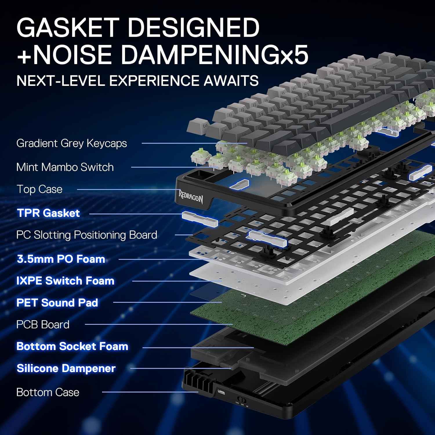 Redragon K673 Gb 75% Wireless Gasket Rgb Gaming Keyboard, 3-modes 81 Keys Pbt