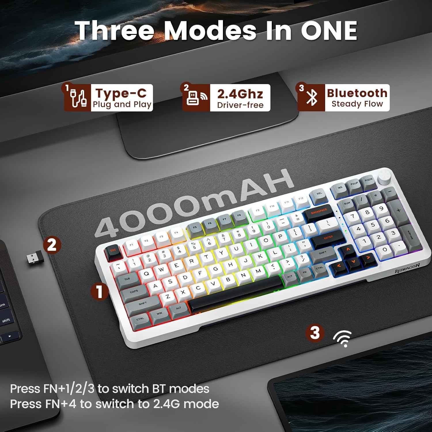 Redragon K688 Gwl Wireless Mechanical Keyboard, 3 Mode Gasket Mounted Rgb