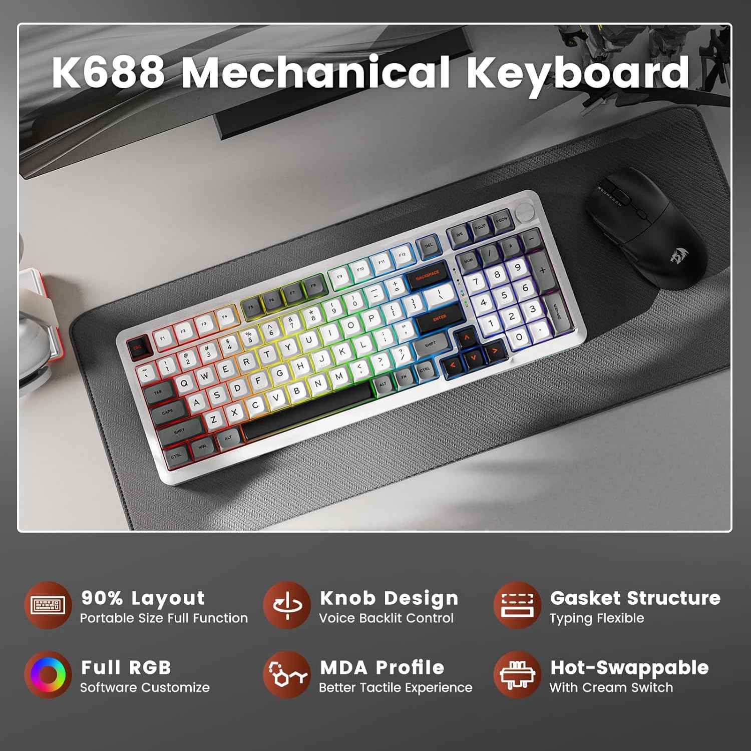 Redragon K688 Gwl Wireless Mechanical Keyboard, 3 Mode Gasket Mounted Rgb