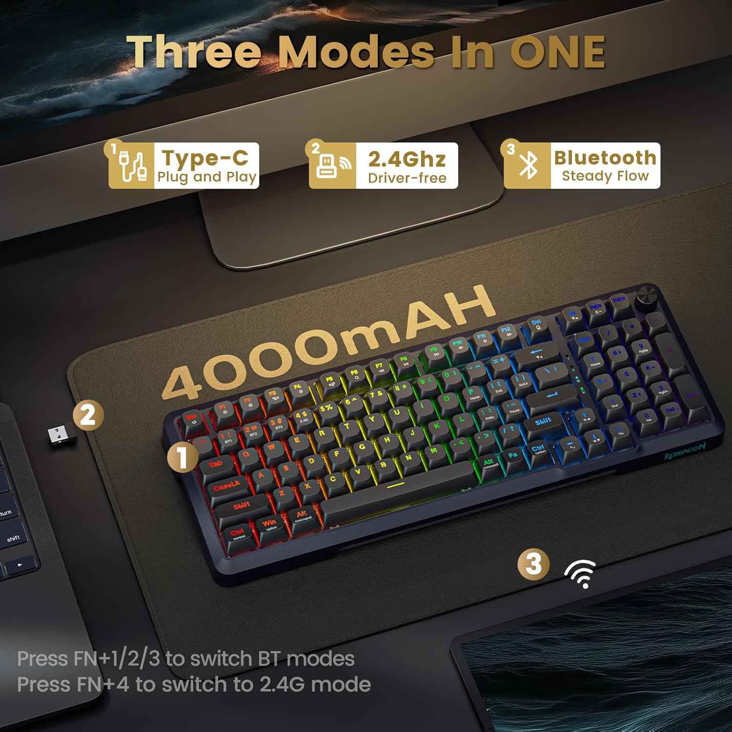 Redragon K688 Wireless Mechanical Keyboard, 3 Mode Gasket Mounted Rgb Gaming