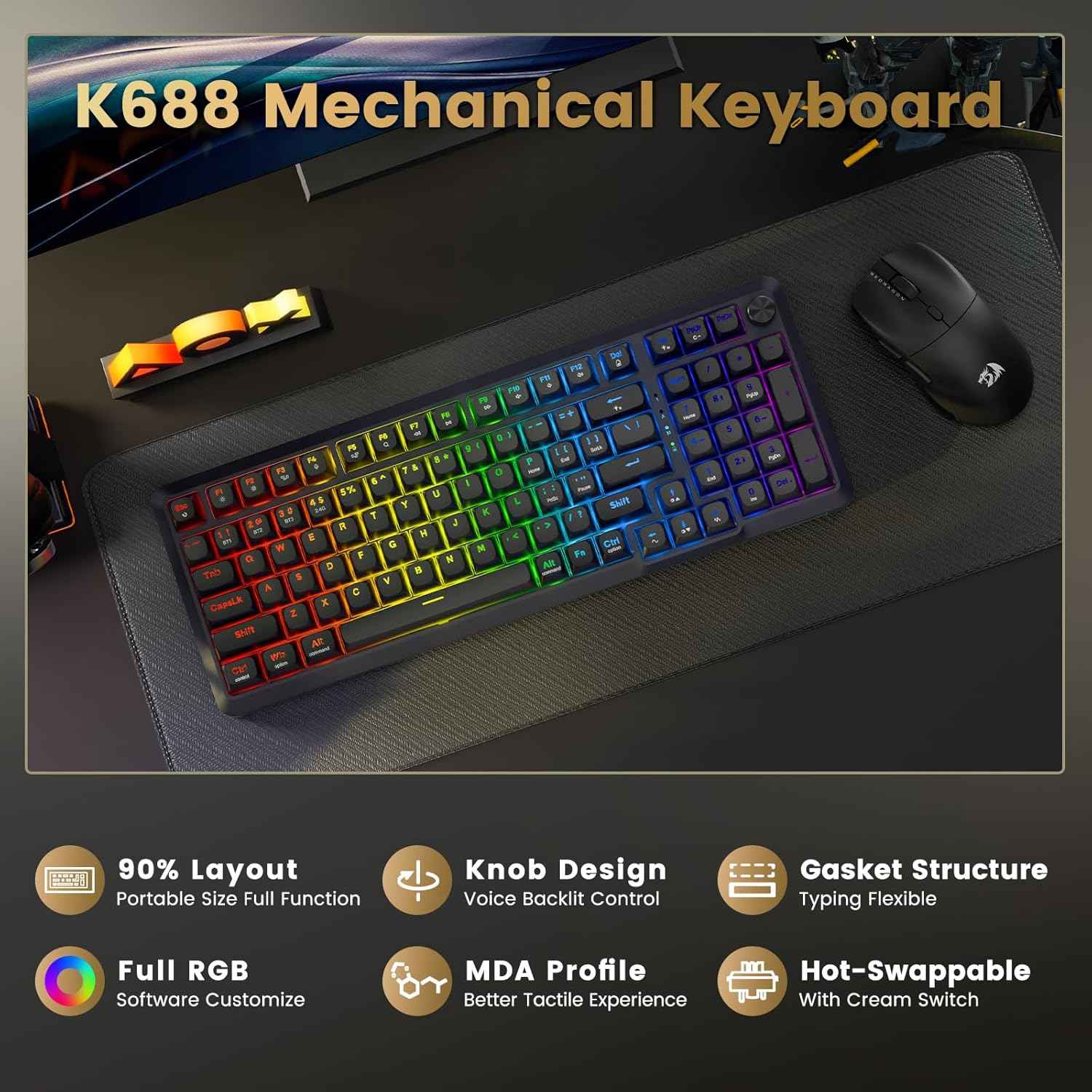 Redragon K688 Wireless Mechanical Keyboard, 3 Mode Gasket Mounted Rgb Gaming