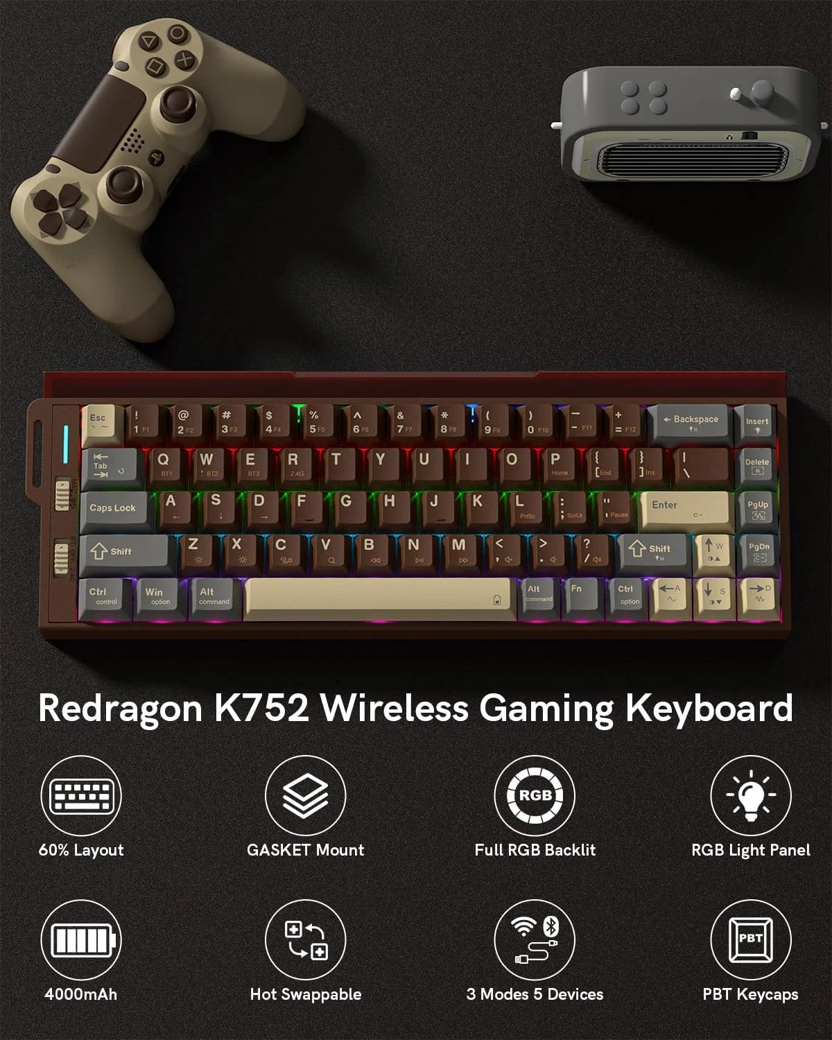 Redragon k752 wireless mechanical keyboard 60% gasket mount gaming keyboard with rgb backlit creamy sound tri-mode