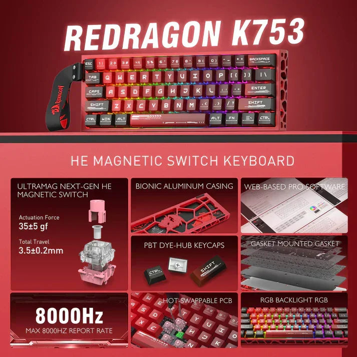 Redragon k753 he rapid trigger gaming keyboard 60% 61 keys wired mechanical keyboard w/hype-red hollowed-out aluminum