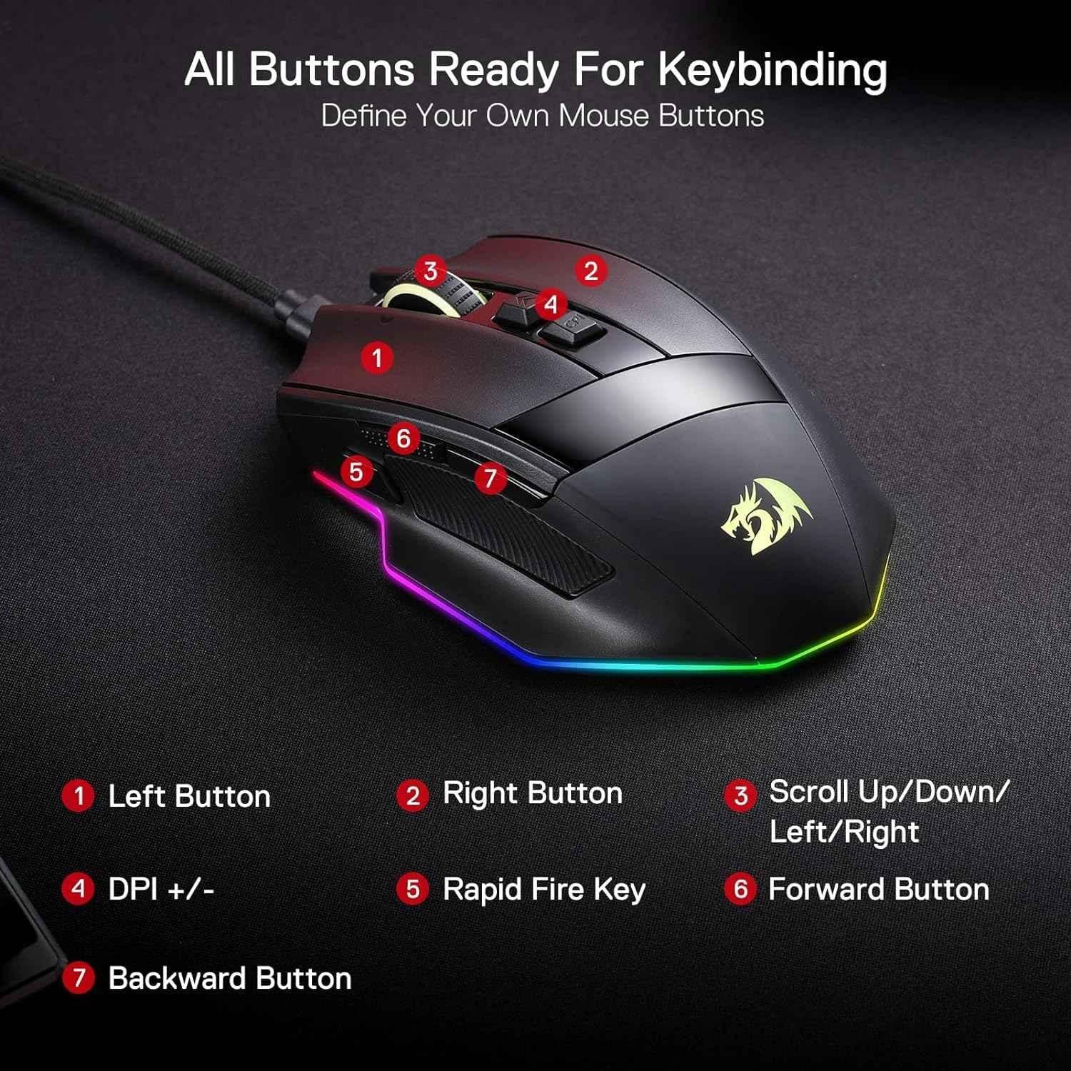 Redragon m813 rgb gaming mouse - ergonomic wired design with 4d dual mode scroll wheel - mouse