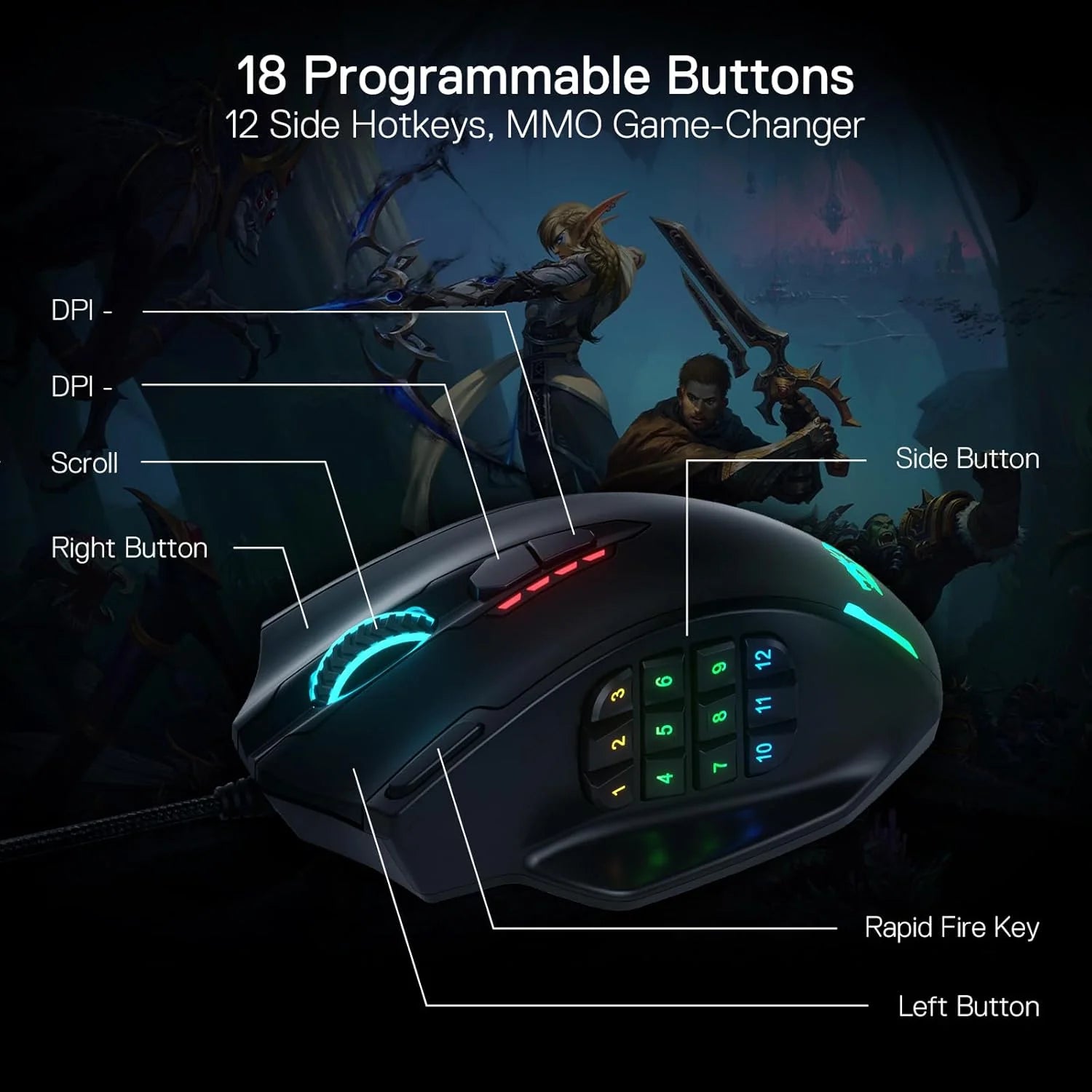 Redragon m908 impact rgb led mmo gaming mouse with 12 side buttons optical wired ergonomic mouse with max 12,400dpi