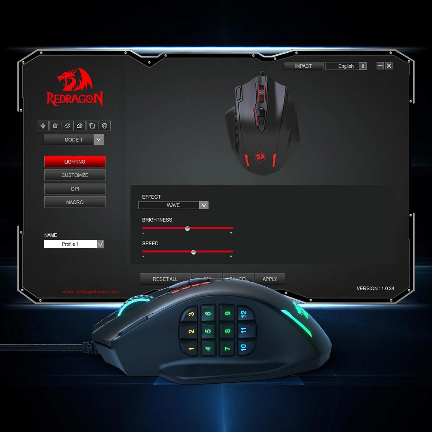 Redragon m908 impact rgb led mmo gaming mouse with 12 side buttons optical wired ergonomic mouse with max 12,400dpi