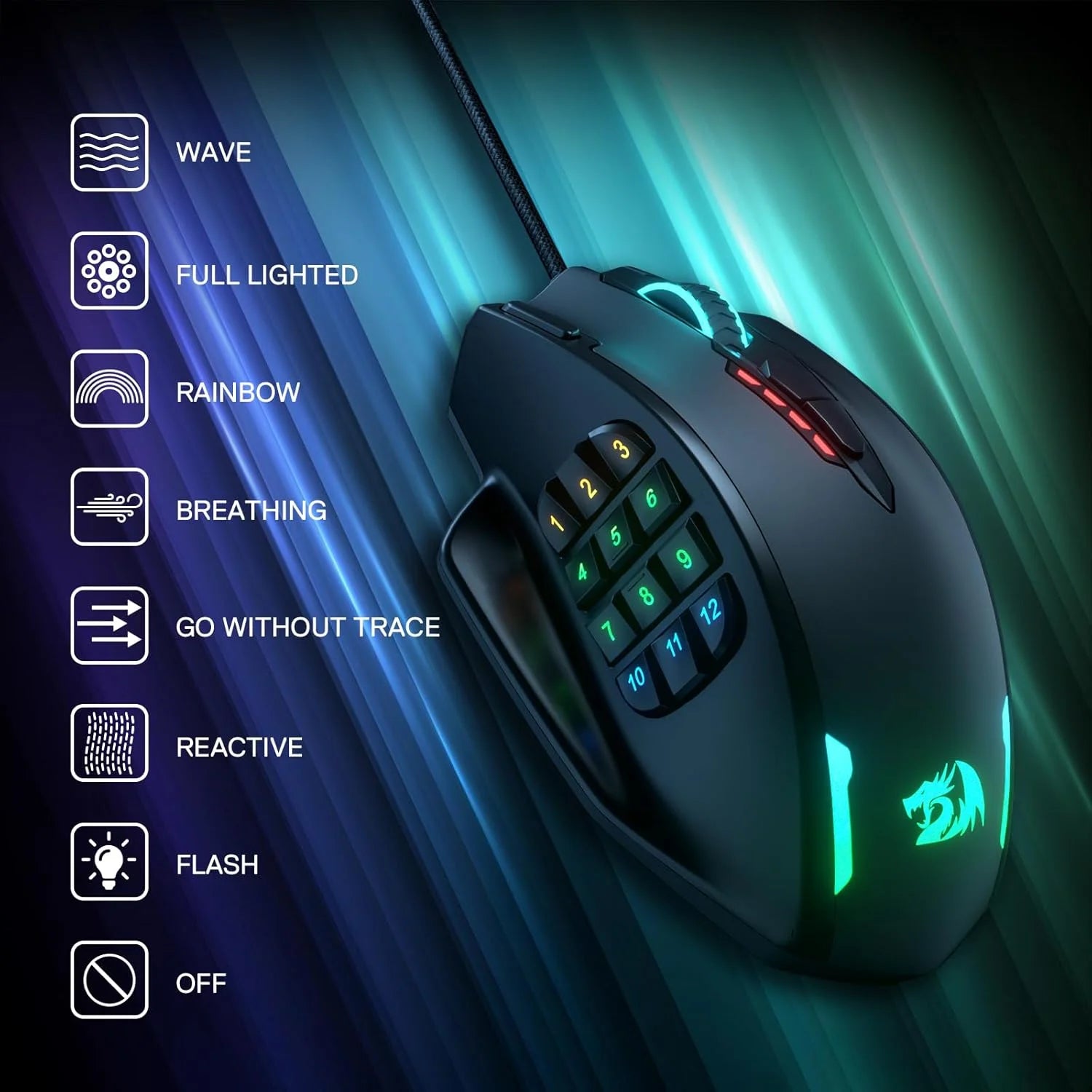 Redragon m908 impact rgb led mmo gaming mouse with 12 side buttons optical wired ergonomic mouse with max 12,400dpi
