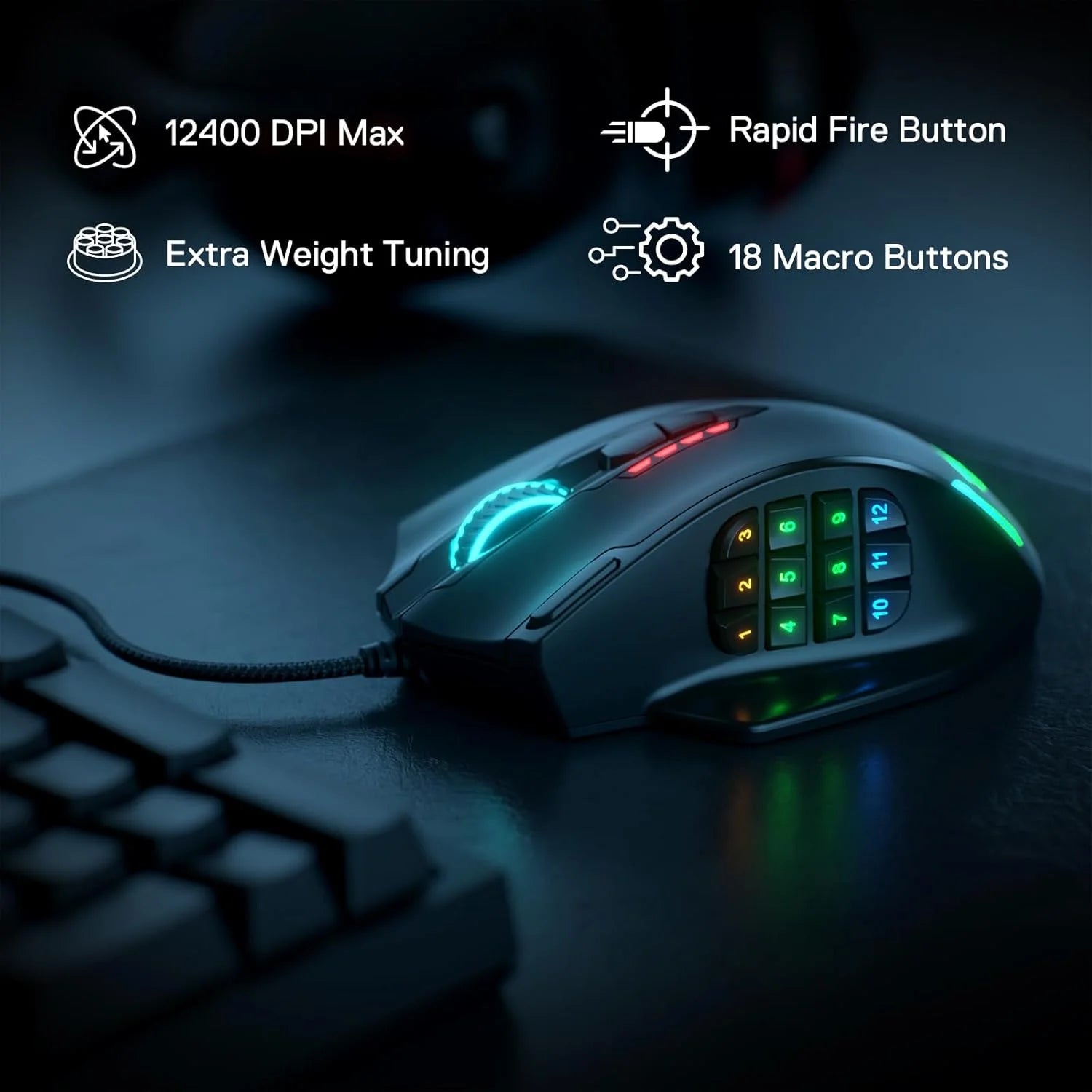 Redragon m908 impact rgb led mmo gaming mouse with 12 side buttons optical wired ergonomic mouse with max 12,400dpi