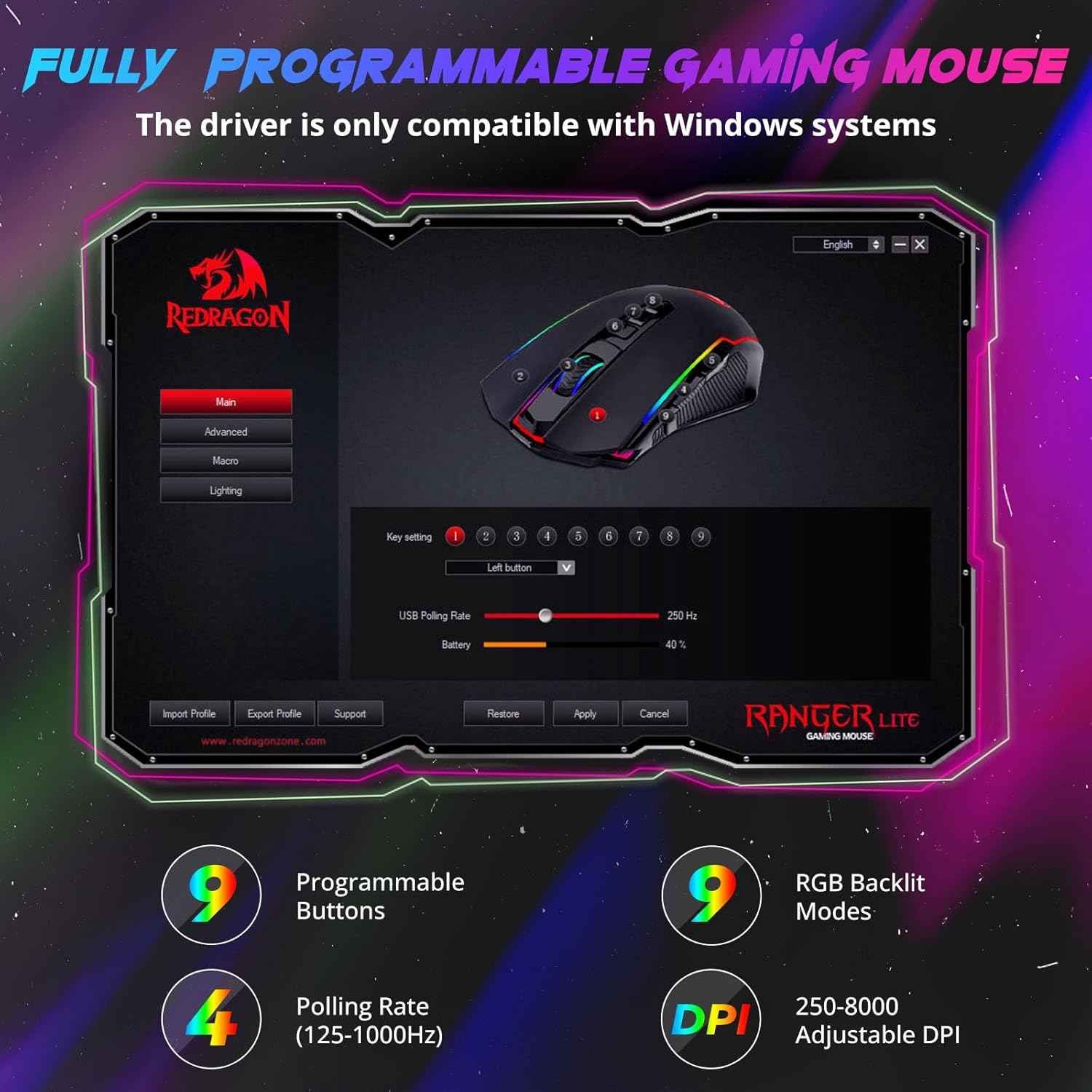 Redragon M910 Pro Gaming Mouse, Wireless Mouse Gaming with 8000 Dpi, Pc Gaming