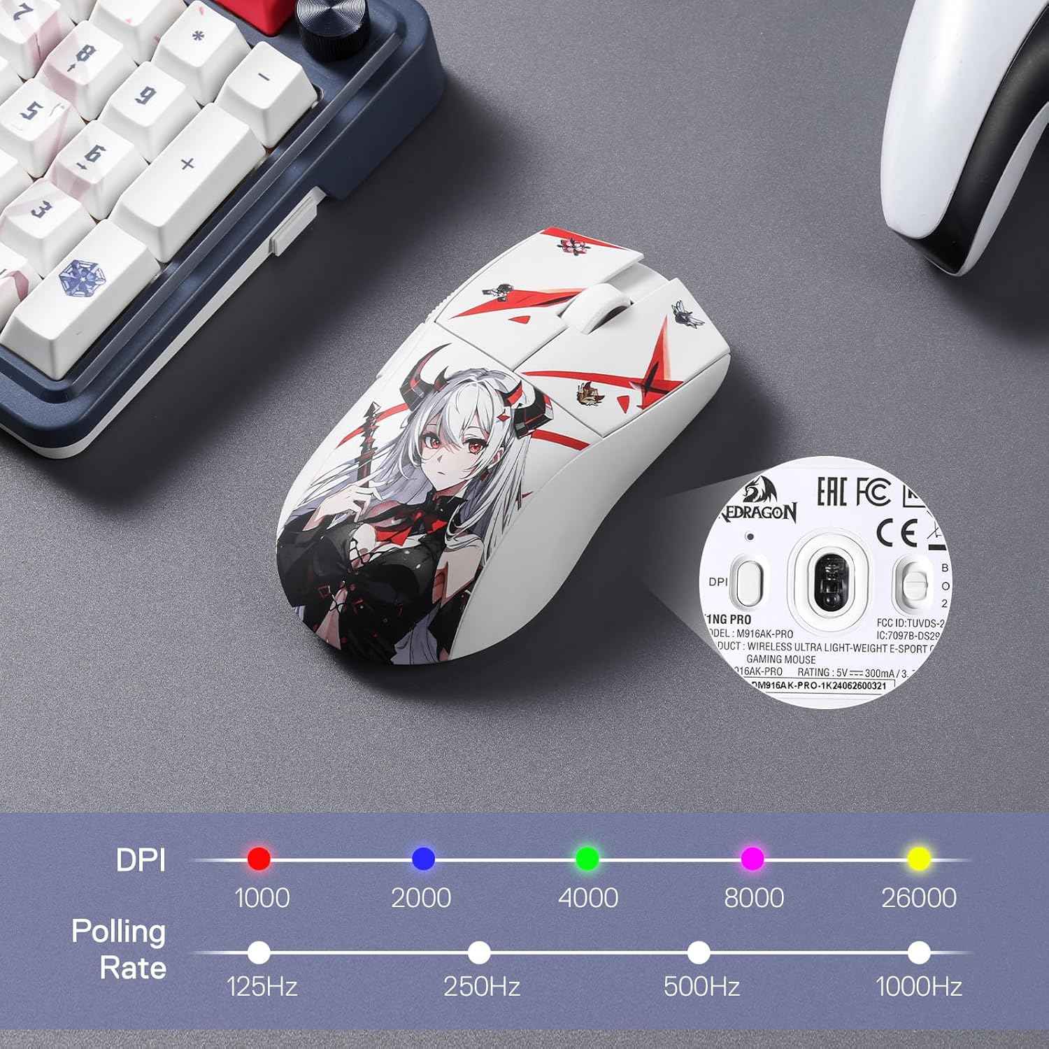 Redragon M916ak Pro 3-mode Anime Gaming Mouse, 42g Ultra-light 26k Dpi Gaming