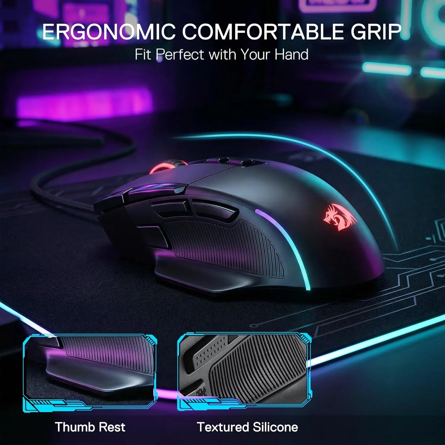 Redragon m925 wired gaming mouse 24,000 max dpi optical gaming mouse with 10 programmable buttons ergonomic natural
