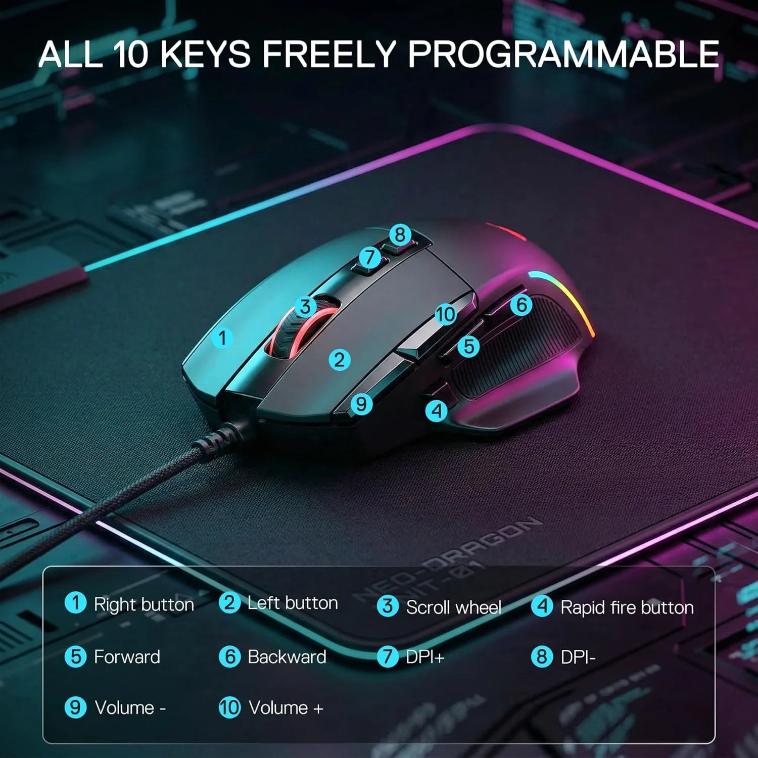 Redragon m925 wired gaming mouse 24,000 max dpi optical gaming mouse with 10 programmable buttons ergonomic natural