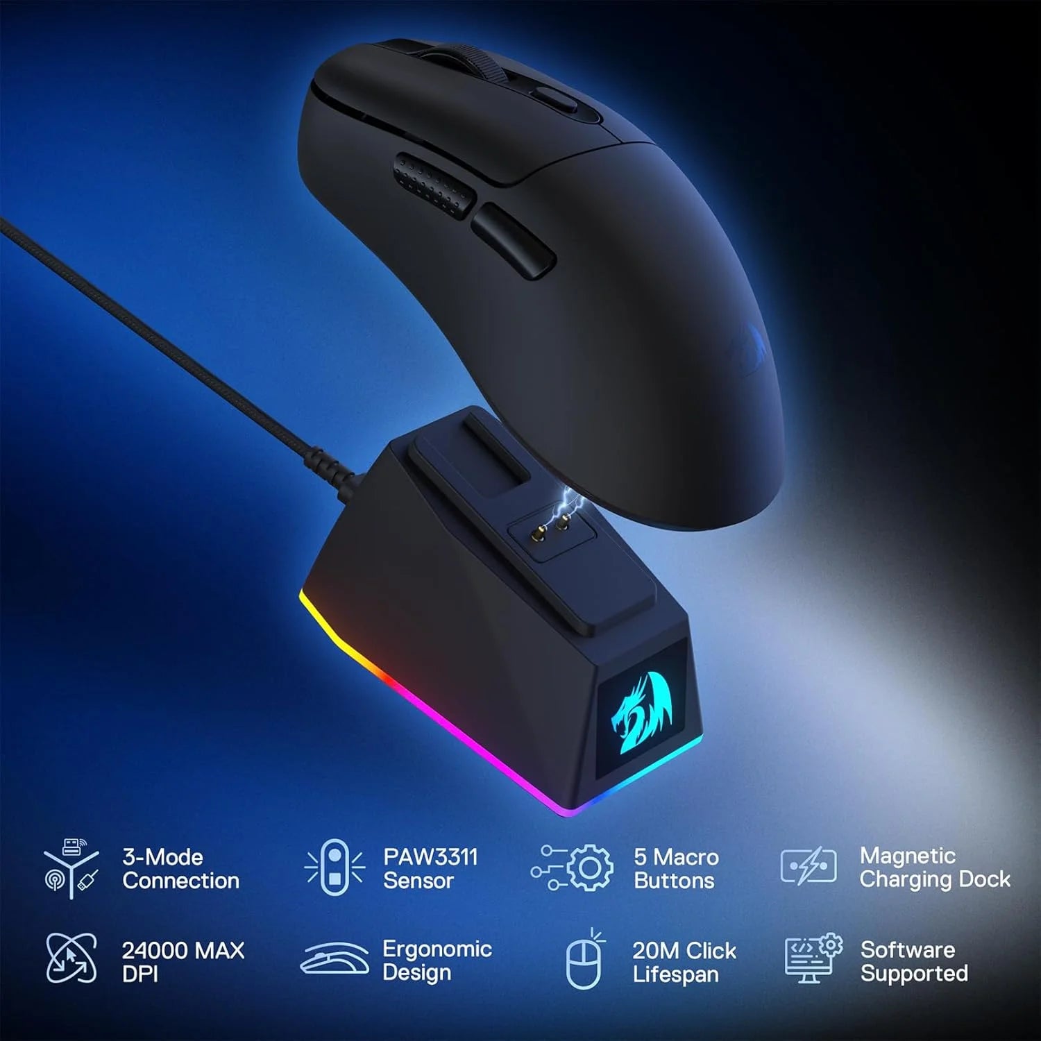 Redragon m998 lightweight wireless gaming mouse with rgb magnetic charging dock bt/2.4g wireless/wired optical mice
