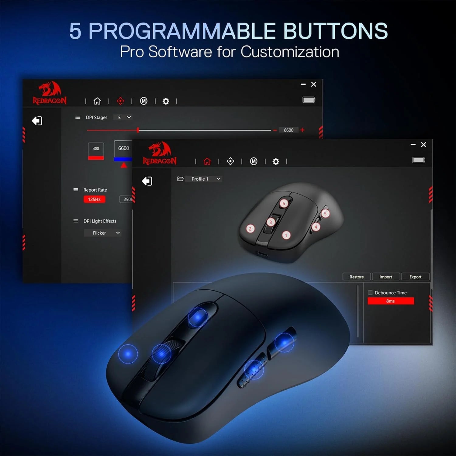 Redragon m998 lightweight wireless gaming mouse with rgb magnetic charging dock bt/2.4g wireless/wired optical mice