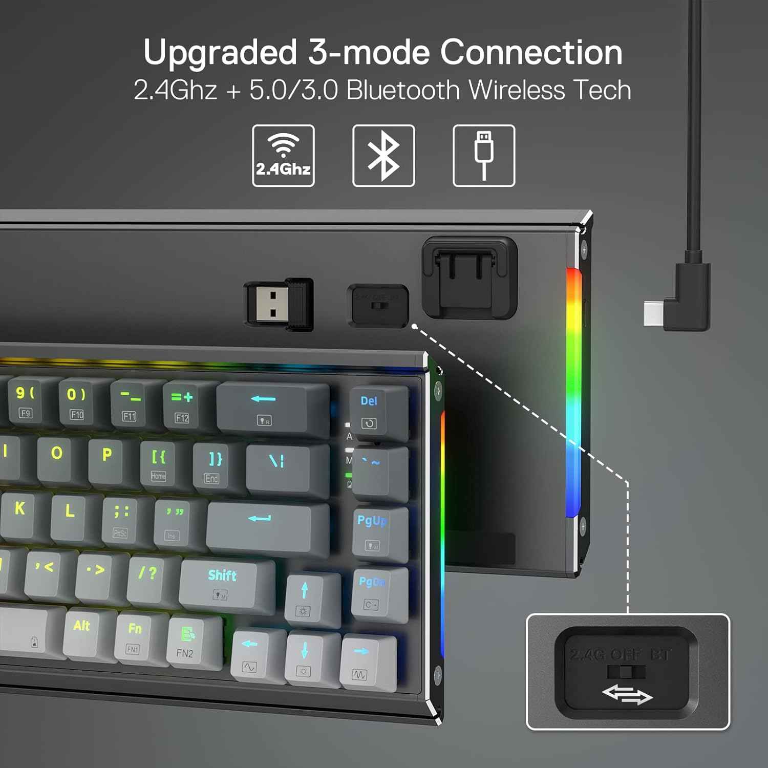 Redragon Shaco K641 Pro 65% Aluminum Rgb Mechanical Keyboard, 3-mode 68 Keys