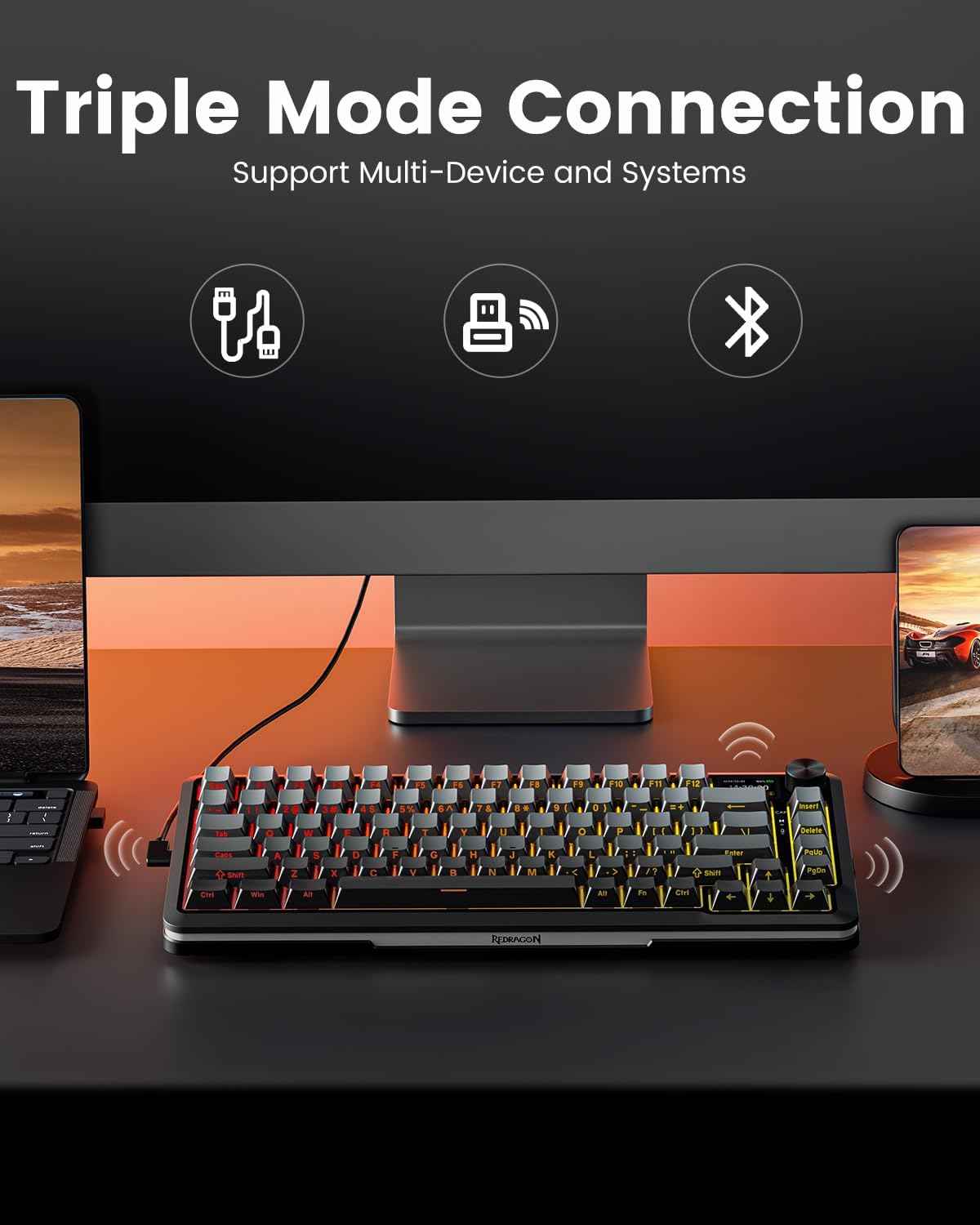 Redragon Wireless Mechanical Keyboard, Gasket Rgb Gaming Keyboard with Screen &