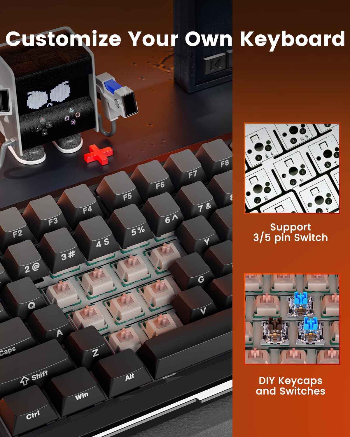 Redragon Wireless Mechanical Keyboard, Gasket Rgb Gaming Keyboard with Screen &