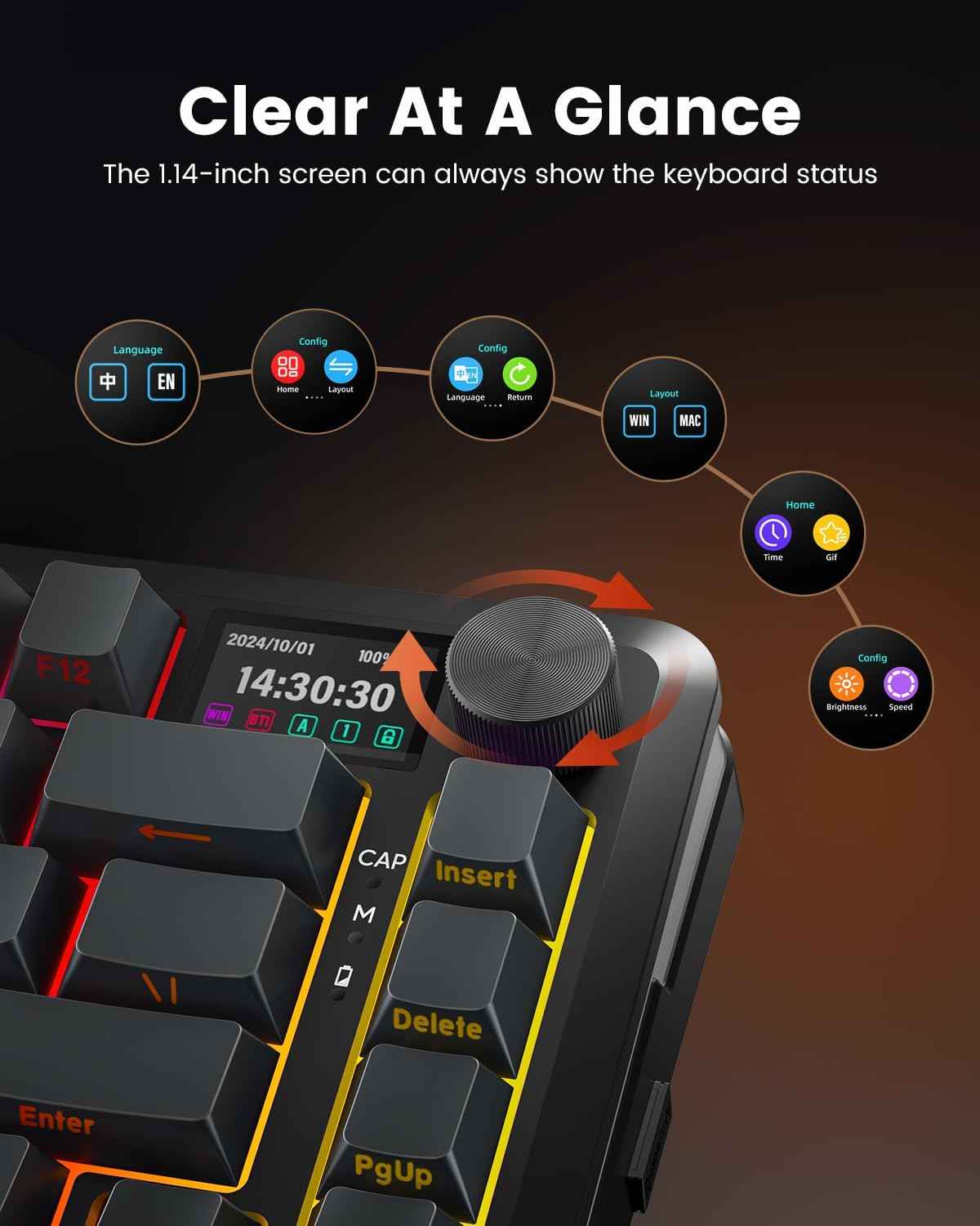 Redragon Wireless Mechanical Keyboard, Gasket Rgb Gaming Keyboard with Screen &