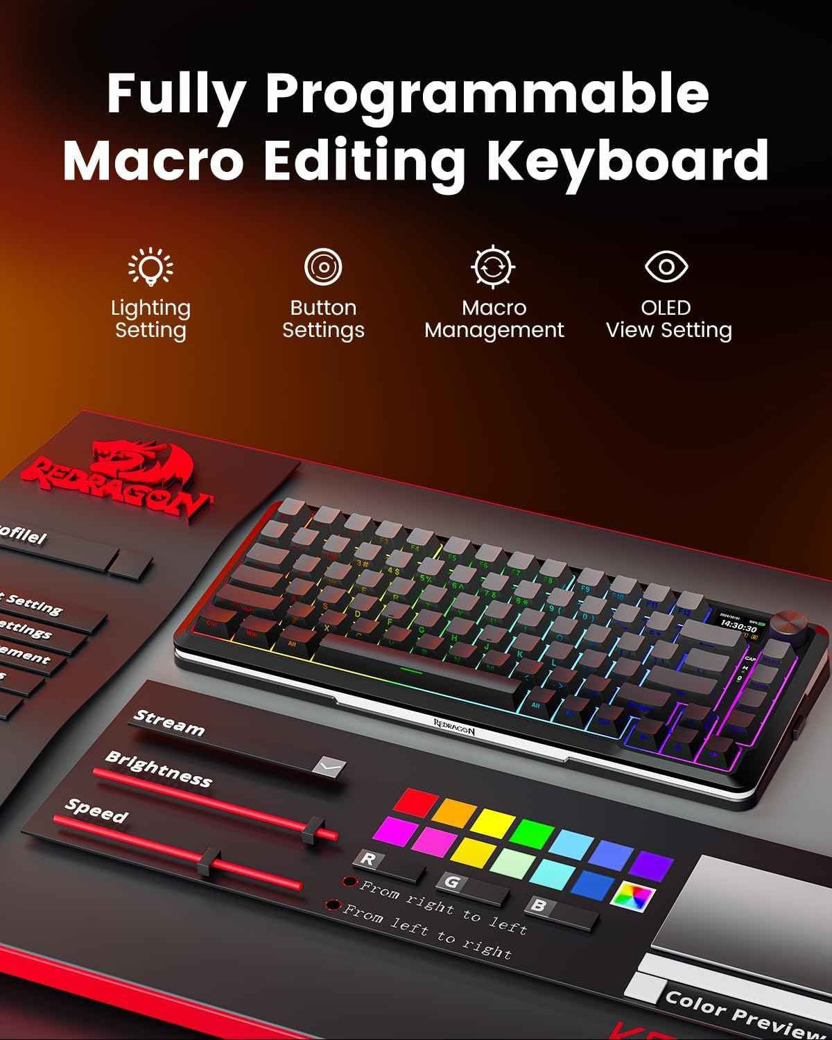 Redragon Wireless Mechanical Keyboard, Gasket Rgb Gaming Keyboard with Screen &