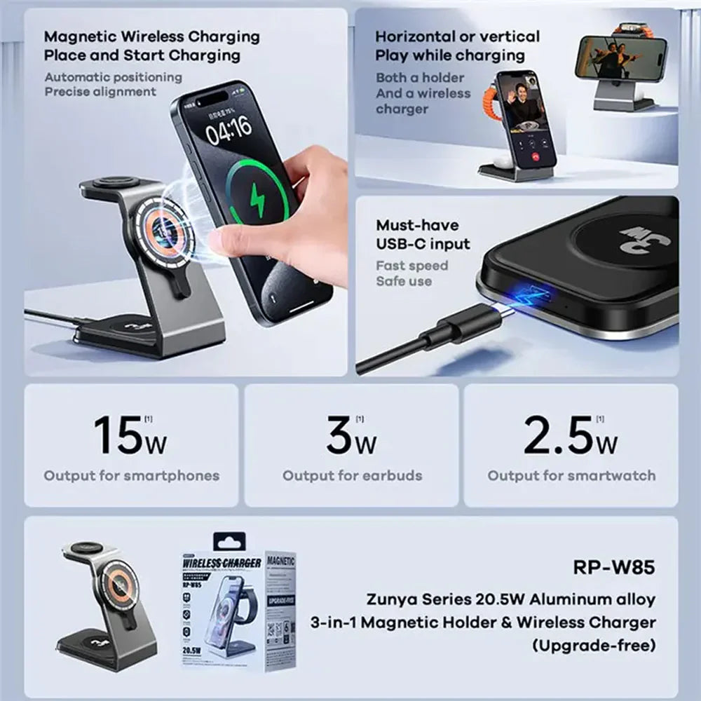 Remax Rp-w85 Magnetic 3 in 1 Wireless Charging Holder