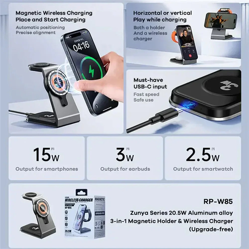 Remax rp-w85 magnetic 3 in 1 wireless charging holder - cables&charges