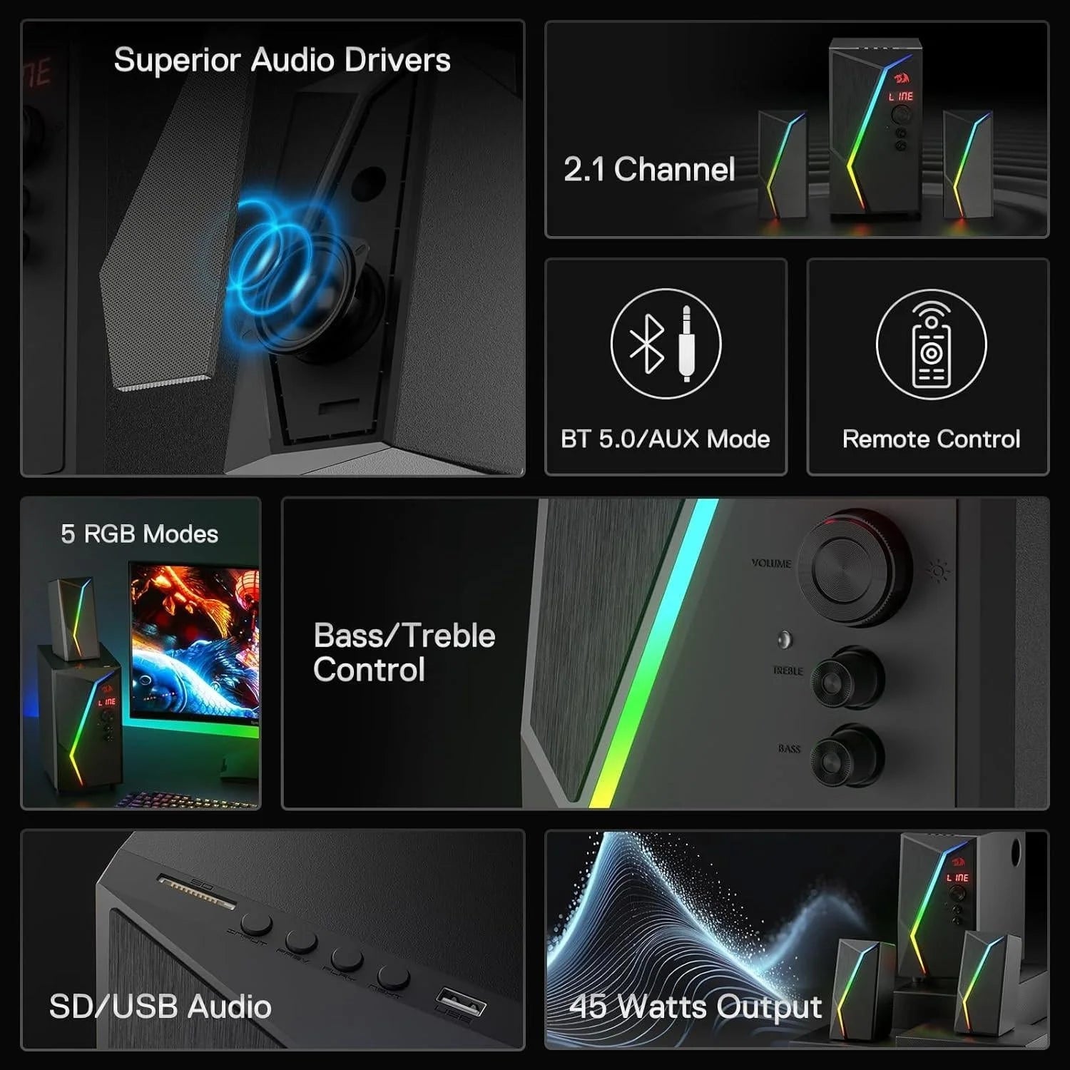 Redragon gs520 pro gaming speakers with subwoofer - 2.1 channel rgb audio system