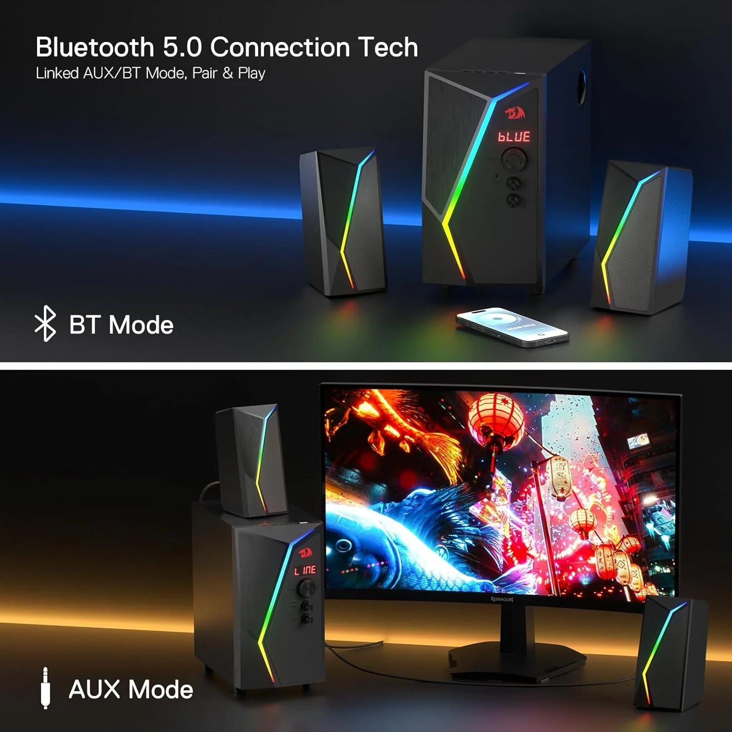 Redragon gs520 pro gaming speakers with subwoofer - 2.1 channel rgb audio system