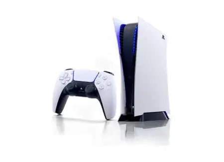 White playstation 5 console with black accents and blue led lighting, paired with a matching dualsense controller.
